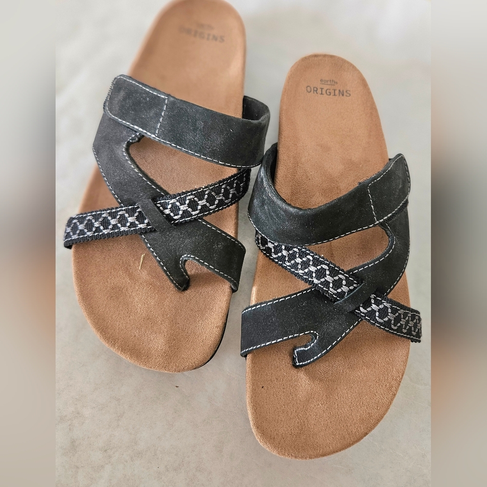 Earth Origins Black and Tan Suede Slide Sandals